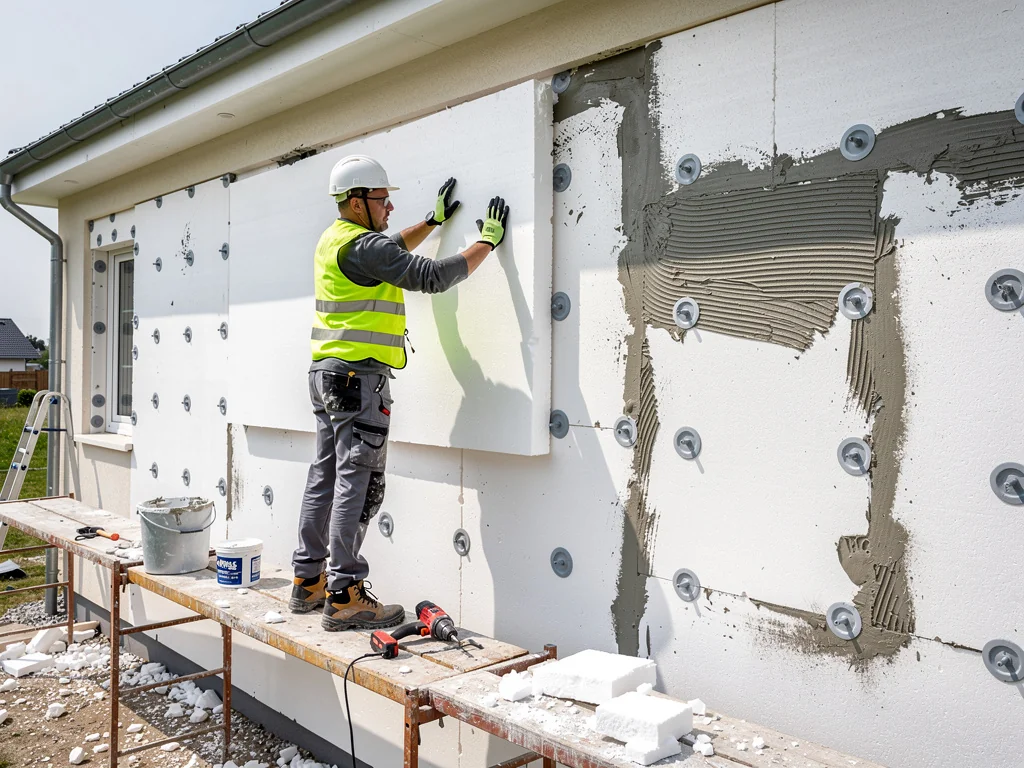 Pose de panneaux de polystyrène expansé sur le mur d'une façade
